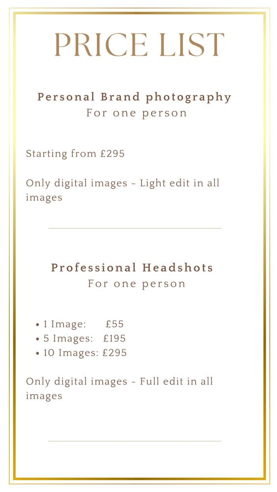 degrini portrait and brand photography price list